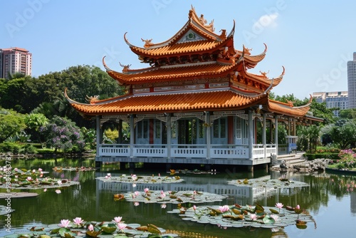 A serene pagoda surrounded by calm waters