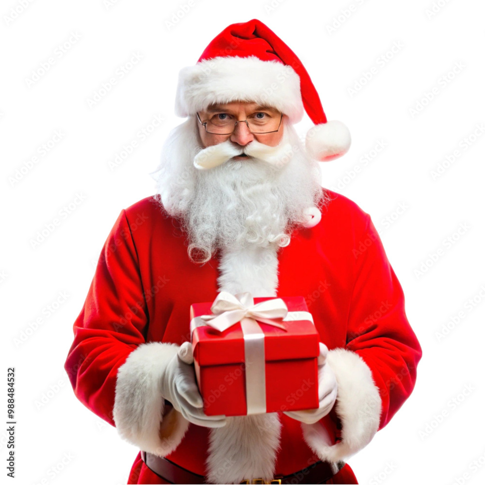 Santa Claus in hat standing with hands on gift on transparent background
Santa Claus in hat standing with hands on gift on transparent background