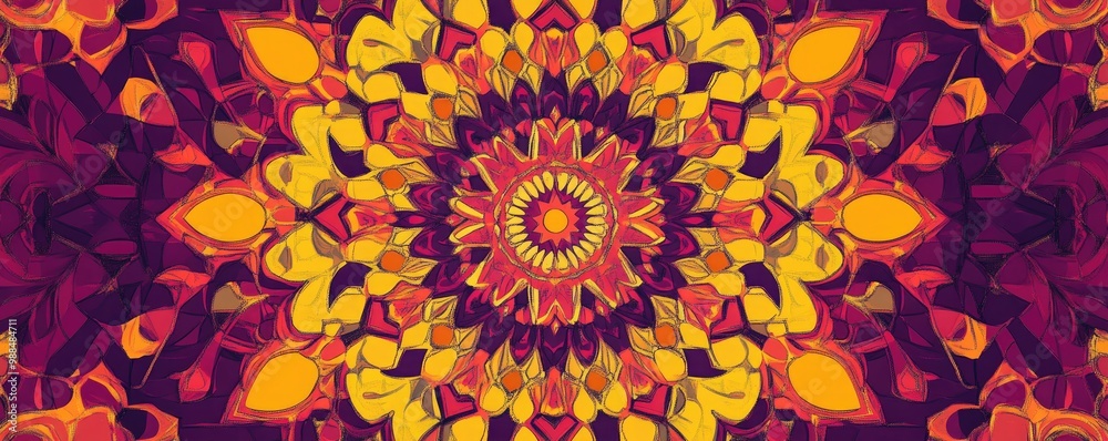 Abstract Mandala with Yellow, Red, and Purple Hues Abstract Mandala with Yellow, Red, and Purple Hues