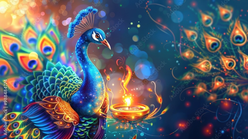 Fototapeta premium A majestic peacock holds a lit candle, symbolizing beauty and enlightenment
