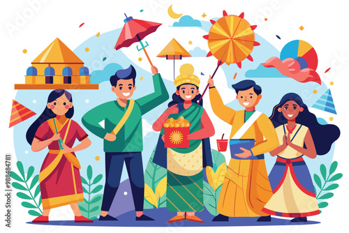 Groups of people are joyously celebrating Makar Sankranti, holding vibrant umbrellas and flying kites while dressed in traditional attire.