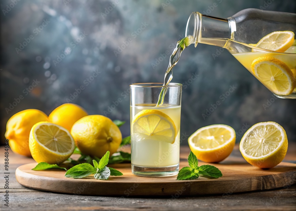 Fototapeta premium Freshly squeezed lemon juice is poured from a glass bottle into a clear glass, where a slice of