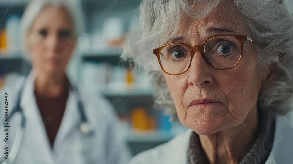 Elderly woman discussing potential medication interactions with her doctor, concerned look, Senior woman, medication interactions, doctor consultation Elderly woman discussing potential medication interactions with her doctor, concerned look, Senior woman, medication interactions, doctor consultation