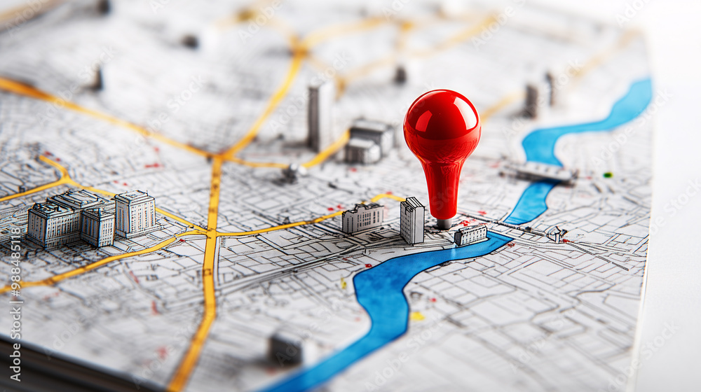 Red pin is marking a specific location on a 3d city map with buildings and a river Red pin is marking a specific location on a 3d city map with buildings and a river