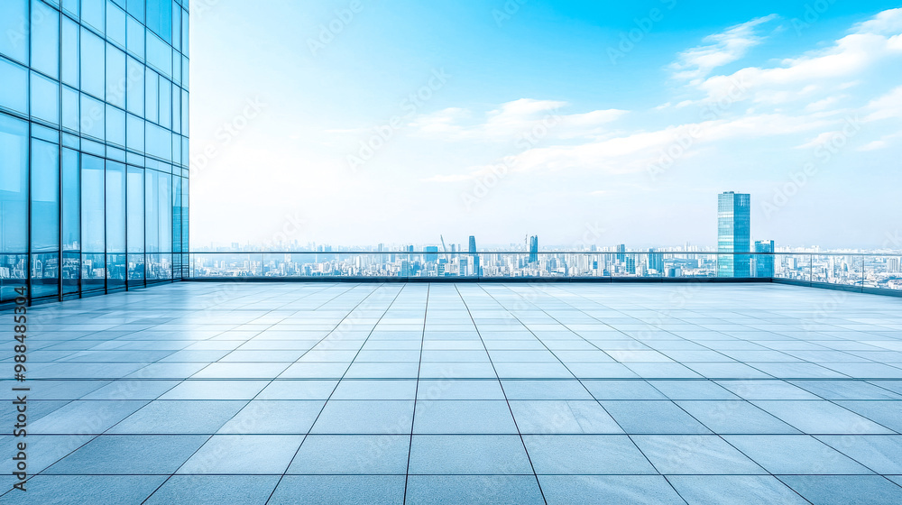 Fototapeta premium Panoramic skyline view from empty rooftop with glass building facade