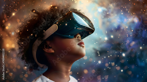 A small child girl or boy wearing virtual glasses plays virtual games. AI Generated