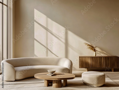 A living room interior with an elegant curved sofa, armchair, and coffee table arranged in front of the wall. photo