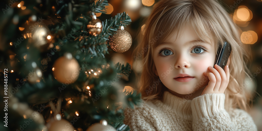 A cute little girl of about 5 years old is talking on a smartphone, the atmosphere of the holiday, the Christmas tree is nearby. An empty place nearby. A cute little girl of about 5 years old is talking on a smartphone, the atmosphere of the holiday, the Christmas tree is nearby. An empty place nearby.