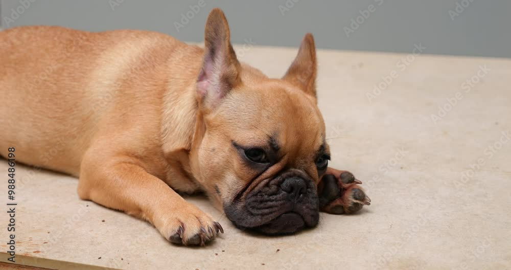 Sleepy French Bulldog puppy lies on floor, twitches at sudden loud sound, and looks back up. Close-up portrait shot of young dog whose rest has been interrupted by something unexpected Sleepy French Bulldog puppy lies on floor, twitches at sudden loud sound, and looks back up. Close-up portrait shot of young dog whose rest has been interrupted by something unexpected