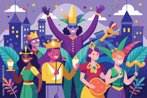 Participants are joyfully celebrating Mardi Gras, adorned in vibrant costumes, surrounded by festive decorations and a lively urban backdrop.