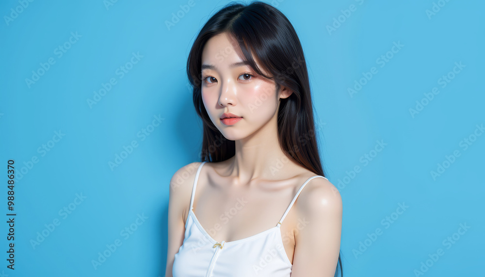 Portrait of a young woman with long hair against a solid blue background, showcasing beauty and confidence. Portrait of a young woman with long hair against a solid blue background, showcasing beauty and confidence.