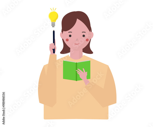 アイデアを思い付いてメモをする女性。ベクターイラスト