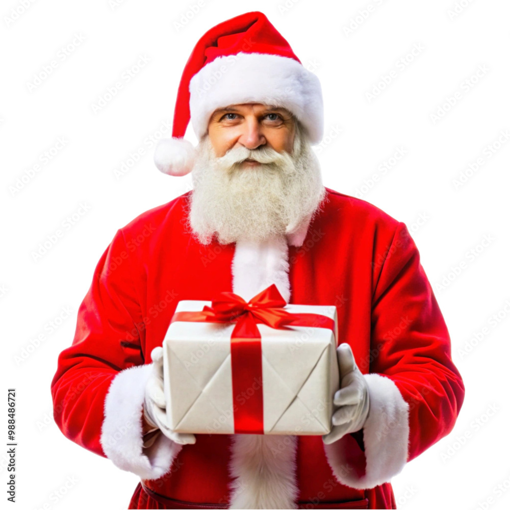 Santa Claus in hat standing with hands on gift on transparent background
Santa Claus in hat standing with hands on gift on transparent background