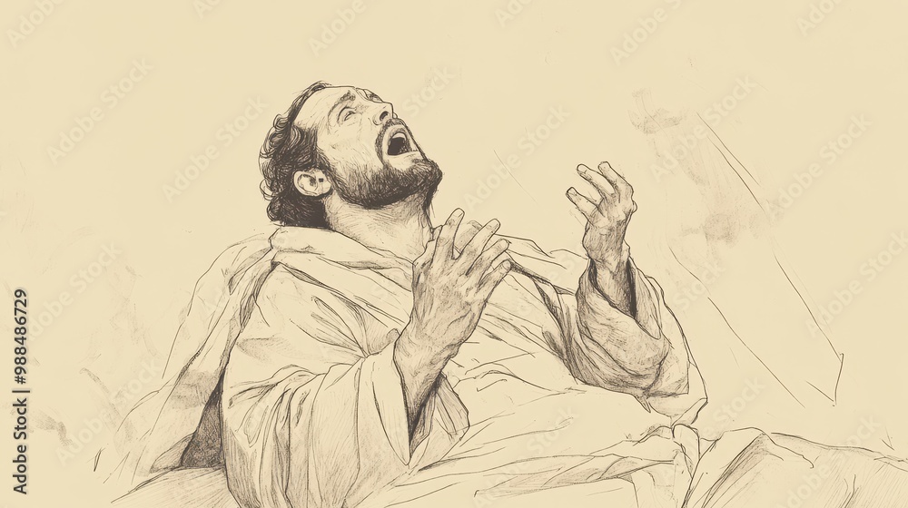 Obraz premium A Moment of Fear: Biblical Illustration of Haman Realizing the Gravity of Esther’s Revelation, His Body Trembling