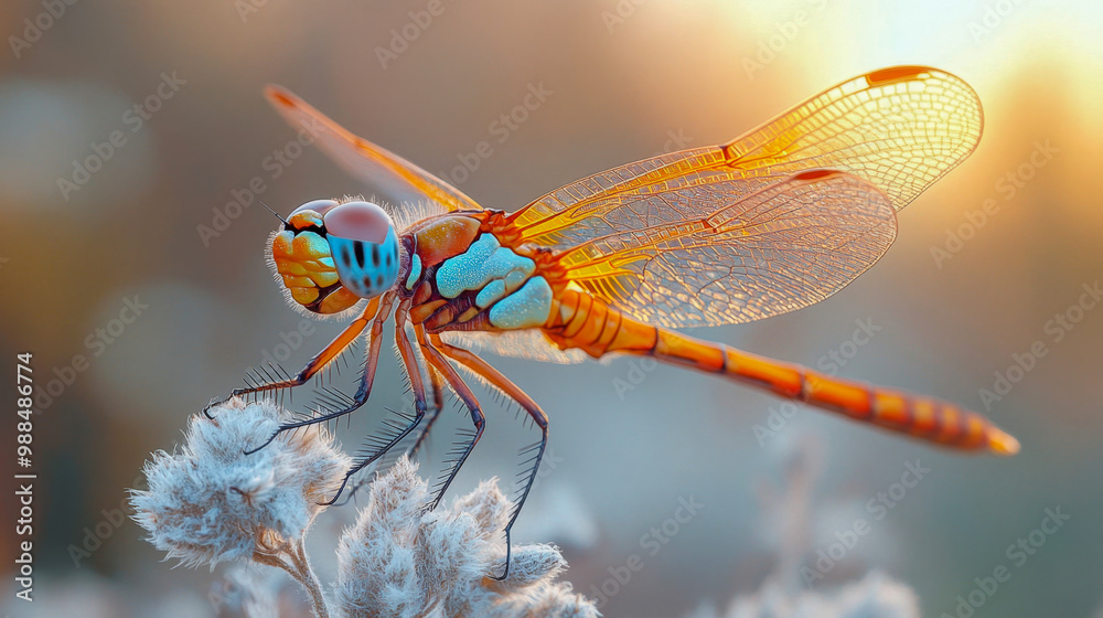 Orange and blue dragonfly perches on a plant stem, its wings illuminated by the golden light of the setting sun Orange and blue dragonfly perches on a plant stem, its wings illuminated by the golden light of the setting sun