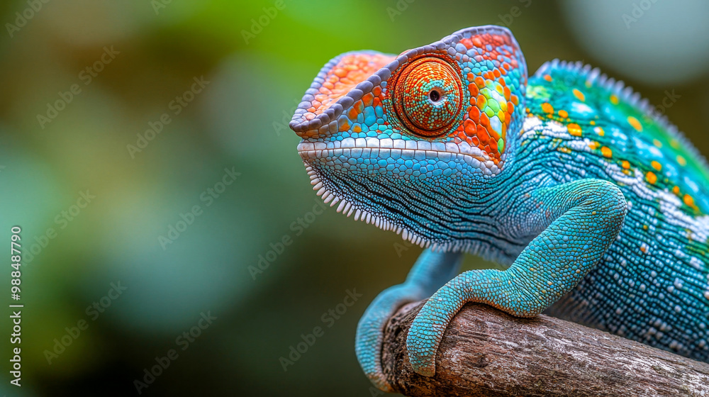 Vibrant chameleon perched on a branch against a lush green backdrop Vibrant chameleon perched on a branch against a lush green backdrop