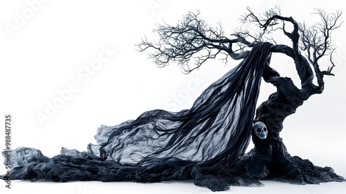 Gothic haunted tree with twisted limbs, Halloween masks draped on branches, dark and ominous, isolated on white background