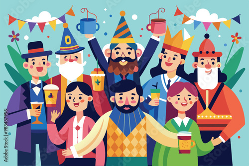 A lively group of friends joyfully celebrates Purim Day, wearing colorful costumes and enjoying festive drinks together in a cheerful atmosphere.