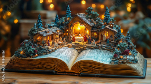 Miniature nativity scene on an open holy bible commemorating the birth of jesus on christmas day