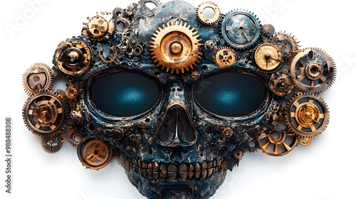 Halloween masks seamlessly integrated into a network of rotating gears and cogs, futuristic steampunk illustration, isolated on white background