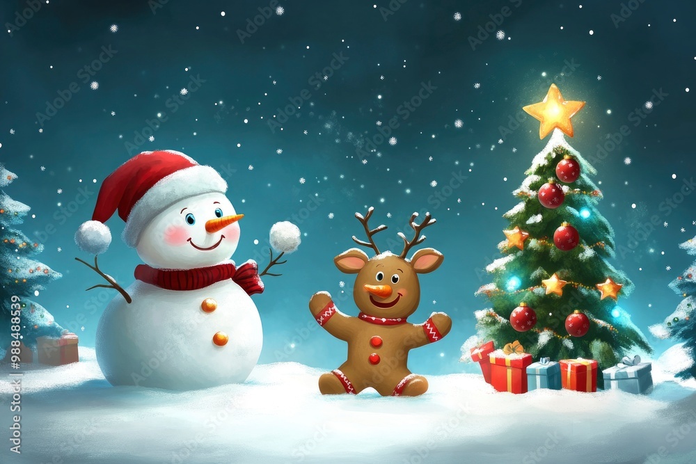 Santa claus, Snowman, gingerbread cookie and reindeer are playing with snow celebrate new year party with Christmas tree, Merry Christmas and happy new year with generative ai Santa claus, Snowman, gingerbread cookie and reindeer are playing with snow celebrate new year party with Christmas tree, Merry Christmas and happy new year with generative ai
