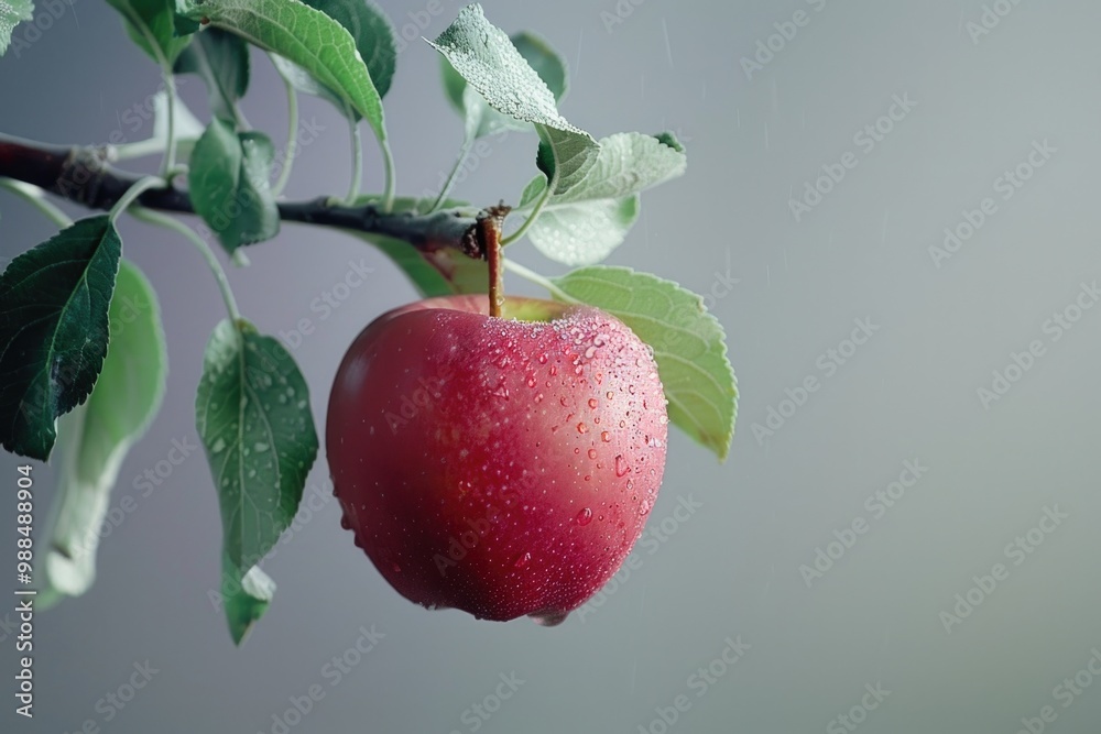 Obraz premium A bright red apple hangs from a tree branch, ready to be picked