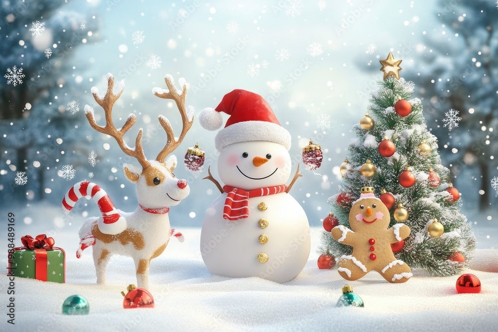 Santa claus, Snowman, gingerbread cookie and reindeer are playing with snow celebrate new year party with Christmas tree, Merry Christmas and happy new year with generative ai Santa claus, Snowman, gingerbread cookie and reindeer are playing with snow celebrate new year party with Christmas tree, Merry Christmas and happy new year with generative ai