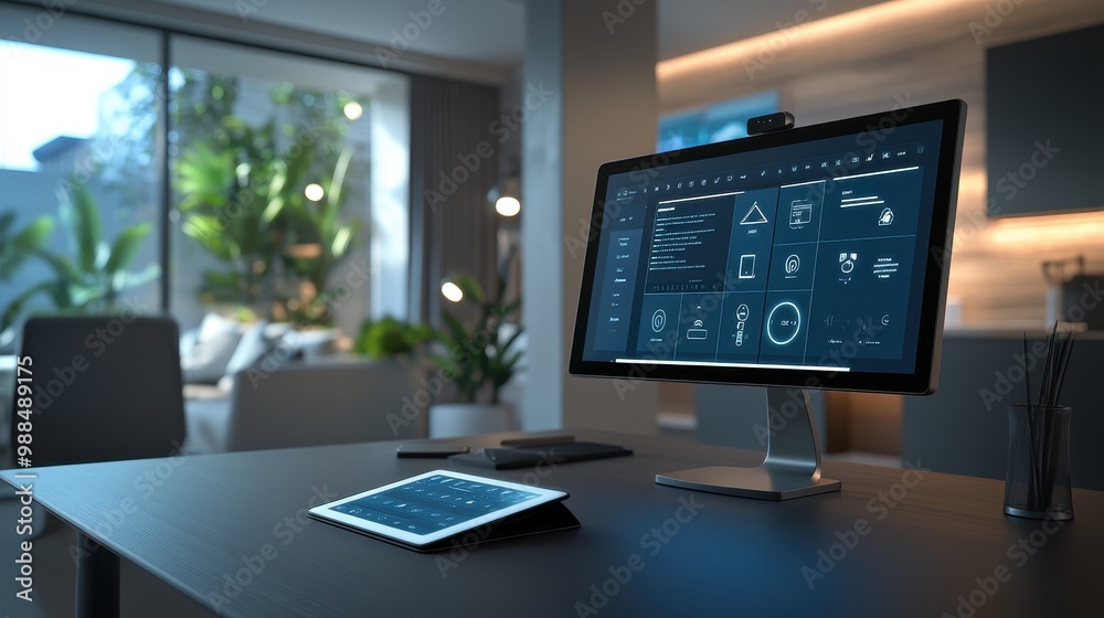 Modern Workspace with Smart Technology Display Modern Workspace with Smart Technology Display
