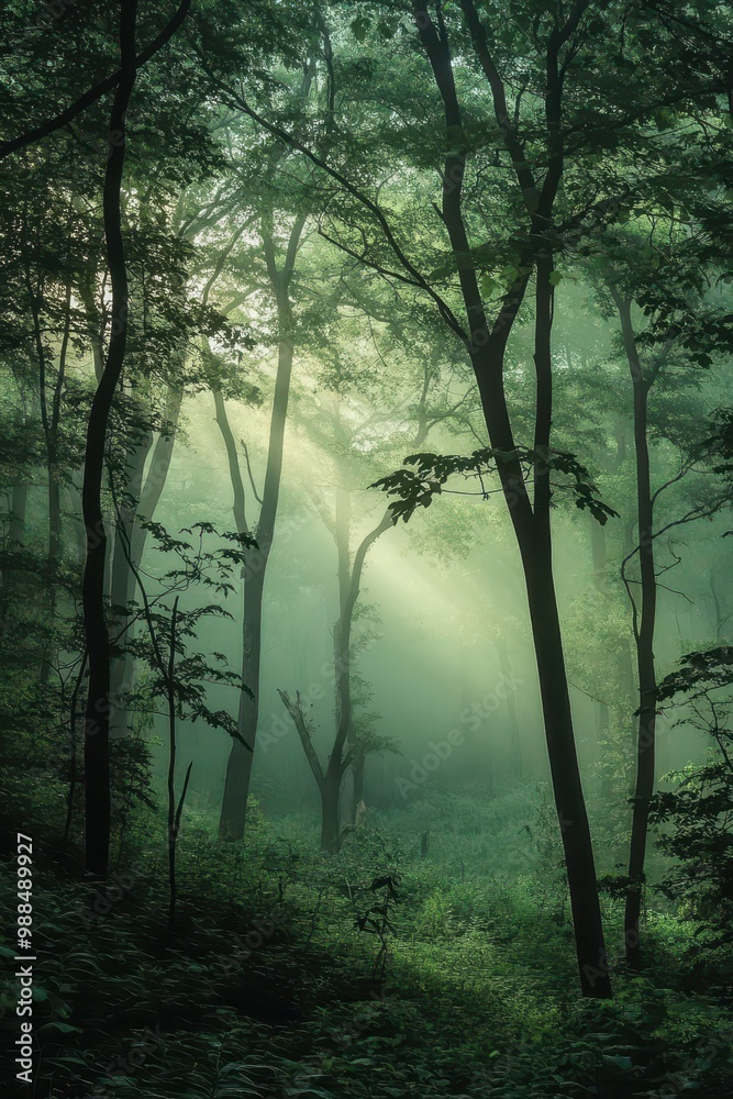 Obraz premium Sunlight Filtering Through Dense Forest Trees Creating a Serene and Mystical Atmosphere