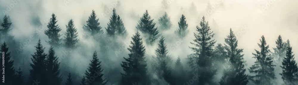Mystical Forest with Tall Pine Trees Shrouded in Morning Fog and Soft Sunlight Mystical Forest with Tall Pine Trees Shrouded in Morning Fog and Soft Sunlight