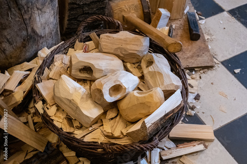 A workshop in the Netherlands making traditional wooden shoes in a workshop. photo