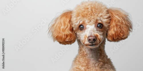 A close-up portrait photo of a cute poodle dog looking at the camera, isolated against a colourful background.