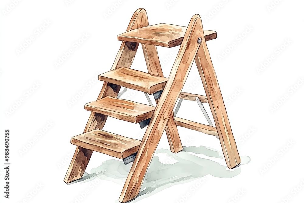A wooden step ladder with four steps, designed for home and garden use, isolated on a white background. A wooden step ladder with four steps, designed for home and garden use, isolated on a white background.