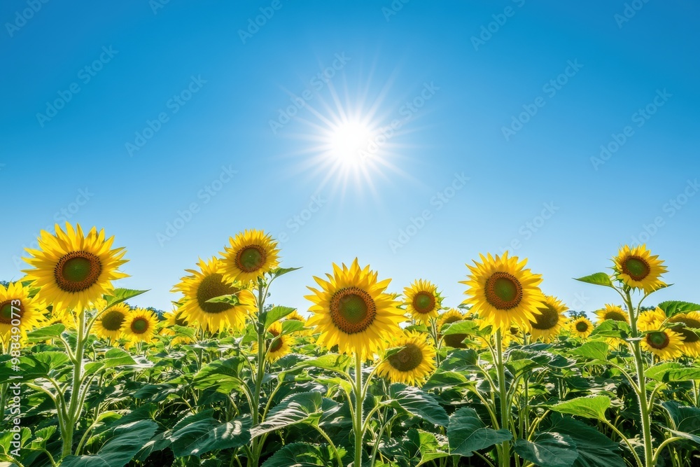 A bright, cheerful field of sunflowers stretching into the distance, all facing towards the sun on a clear, sunny day A bright, cheerful field of sunflowers stretching into the distance, all facing towards the sun on a clear, sunny day