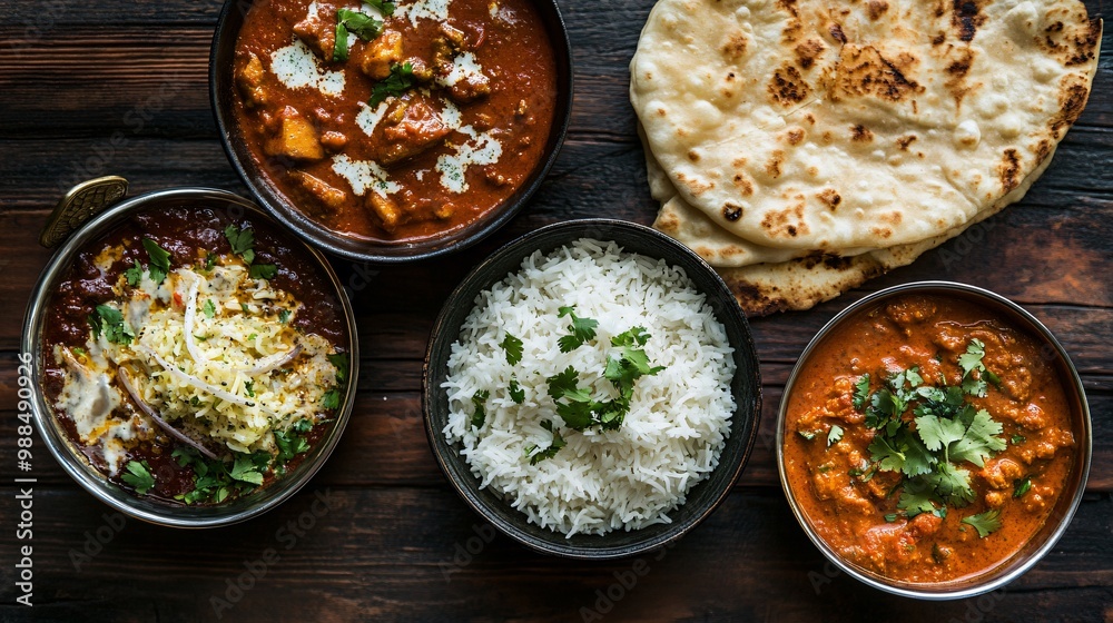 Indian food with curry, rice, and flatbread.
