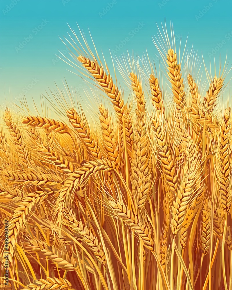 A close-up view of a golden wheat field against a bright blue sky. A close-up view of a golden wheat field against a bright blue sky.