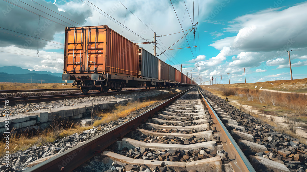 Obraz premium A freight train on a railway track transports containers and tanks with fuel. AI Generated