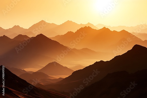 View of mountains with sun set and foggy 