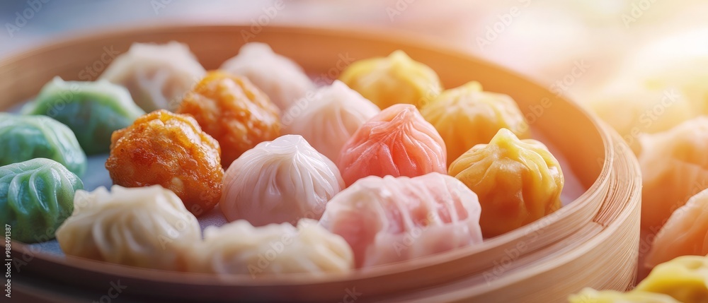 Colorful Chinese Dumplings in a Steamer Basket. Colorful Chinese Dumplings in a Steamer Basket.