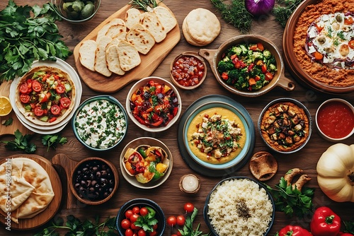 A colorful spread of fresh vegan dishes on a wooden table