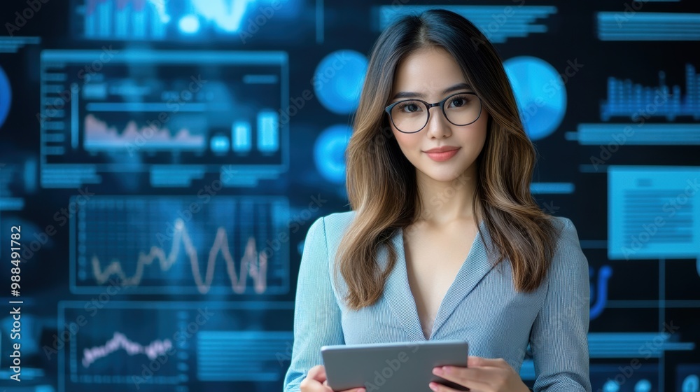 Businesswoman with Tablet in Data Analytics Environment Businesswoman with Tablet in Data Analytics Environment