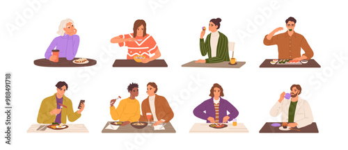 People eat at the table set. Different men and women have meal, lunch with sushi, pasta, noodle. Characters drink cup of coffee with dessert for breakfast. Flat isolated vector illustrations on white