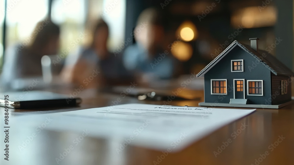 Miniature House, Contract, and Blurred Background of People Discussing Miniature House, Contract, and Blurred Background of People Discussing