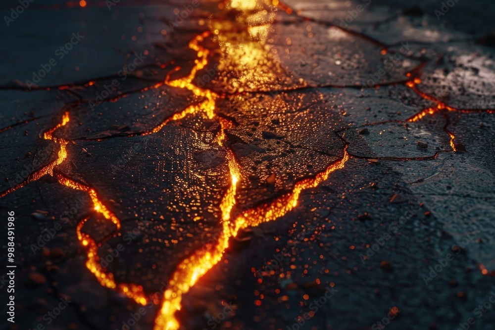 Cracked Line. Asphalt Road Destruction with Earthquake Damage in Cinematic Lighting Cracked Line. Asphalt Road Destruction with Earthquake Damage in Cinematic Lighting