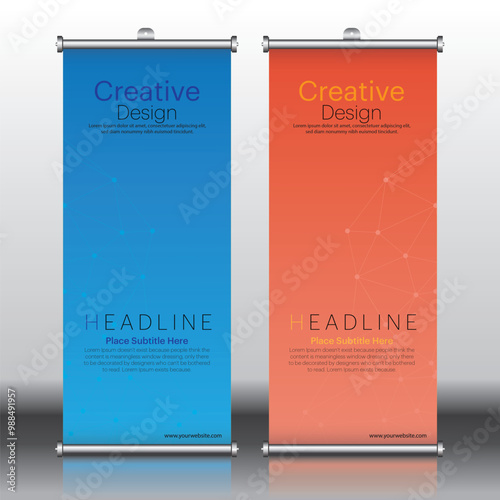 Modern Roll-Up Banner Design Template for Brochures and Flyers, x-banner and flag-banner. 850-2000mm rectangle size.