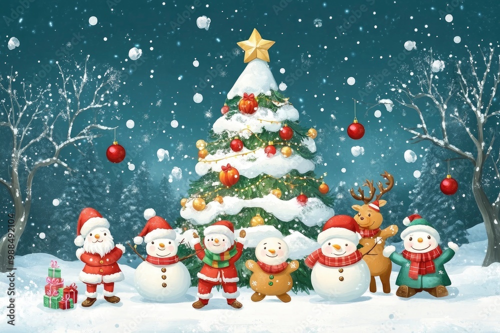 Santa claus, Snowman, gingerbread cookie and reindeer are playing with snow celebrate new year party with Christmas tree, Merry Christmas and happy new year with generative ai Santa claus, Snowman, gingerbread cookie and reindeer are playing with snow celebrate new year party with Christmas tree, Merry Christmas and happy new year with generative ai