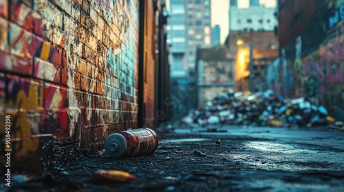 A discarded spray paint can lies on the ground of a graffiti-covered alleyway. photo