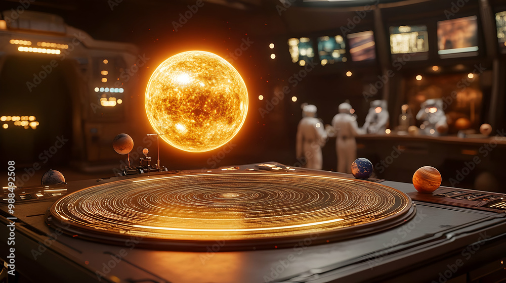 Obraz premium Solar system model with the sun and planets, featuring a futuristic control room environment.