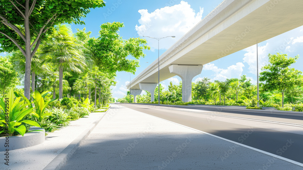 Fototapeta premium serene highway landscape featuring modern interchange surrounded by lush greenery and palm trees, creating vibrant and inviting atmosphere