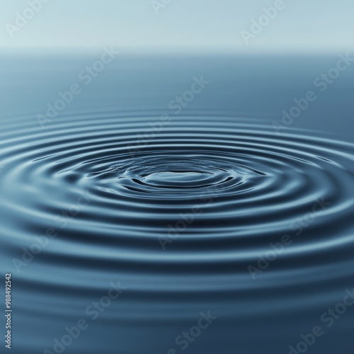 Concentric Ripples on Calm Water Surface, Minimalistic Blue Background, Tranquility, Abstract.